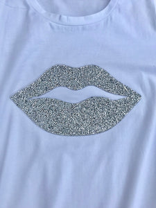 Diamonte lips super stretchy one size T-Shirt in White - Feathers Of Italy 