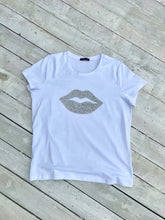 Load image into Gallery viewer, Diamonte lips super stretchy one size T-Shirt in White - Feathers Of Italy 
