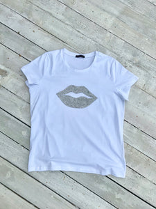Diamonte lips super stretchy one size T-Shirt in White - Feathers Of Italy 