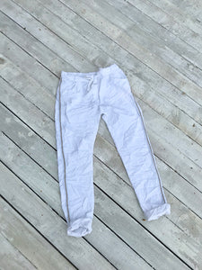 Amazing Woman Crinkle Jeans with Draw String Waist in White With Diamonte Trim One Size - Feathers Of Italy 