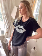 Load image into Gallery viewer, Diamonte lips super stretchy one size T-Shirt in Black - Feathers Of Italy 
