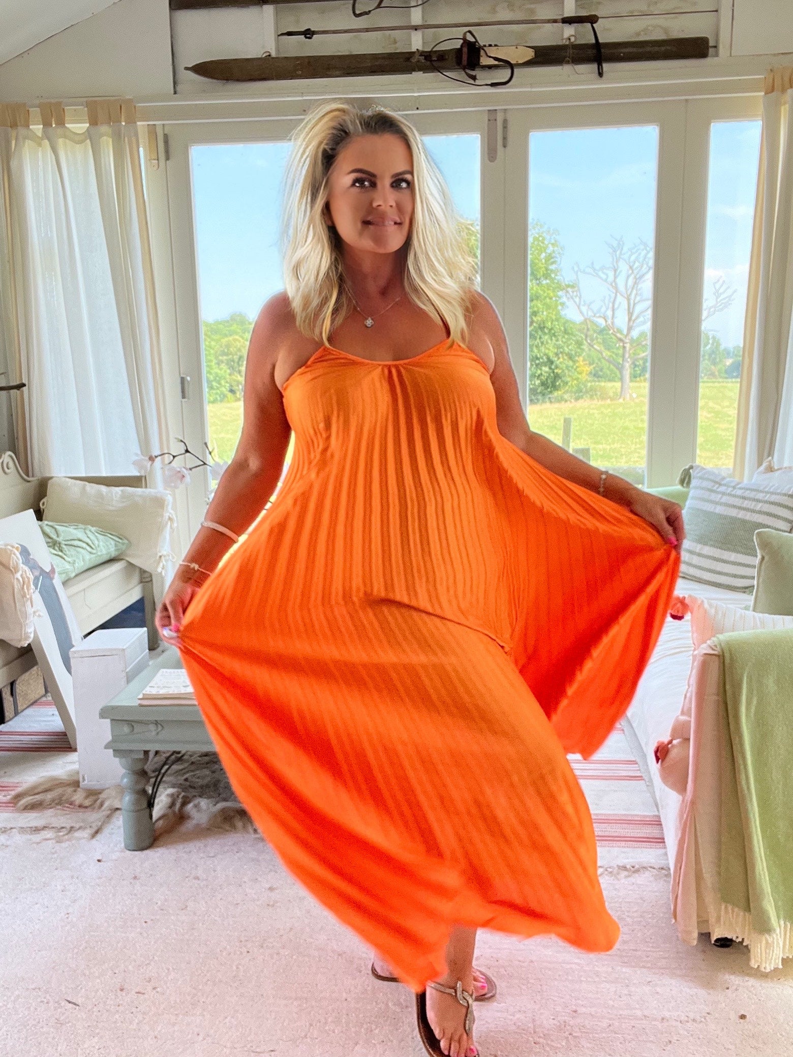 Pleated Halter Neck Maxi Dress in Orange One Size – Feathers Of Italy