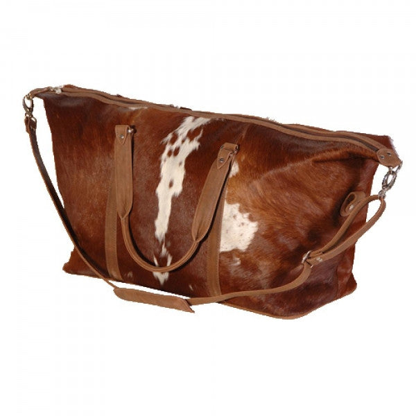 Large Hide Travel Bag in Brown & White - Feathers Of Italy 