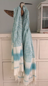 Linen Look 100% Cotton Scarf in Aqua Stripe Made In Italy By Feathers Of Italy One Size - Feathers Of Italy 