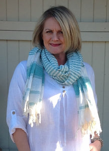 Linen Look 100% Cotton Scarf in Aqua Stripe Made In Italy By Feathers Of Italy One Size - Feathers Of Italy 
