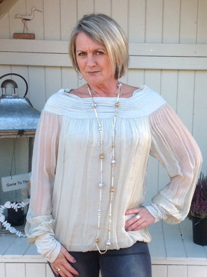 Luccia Silk Dress Top in Stone With Off The Shoulder Detail Made In Italy By Feathers Of Italy One Size - Feathers Of Italy 