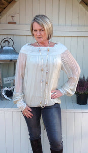 Luccia Silk Dress Top in Stone With Off The Shoulder Detail Made In Italy By Feathers Of Italy One Size - Feathers Of Italy 