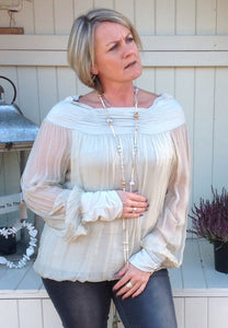 Luccia Silk Dress Top in Stone With Off The Shoulder Detail Made In Italy By Feathers Of Italy One Size - Feathers Of Italy 