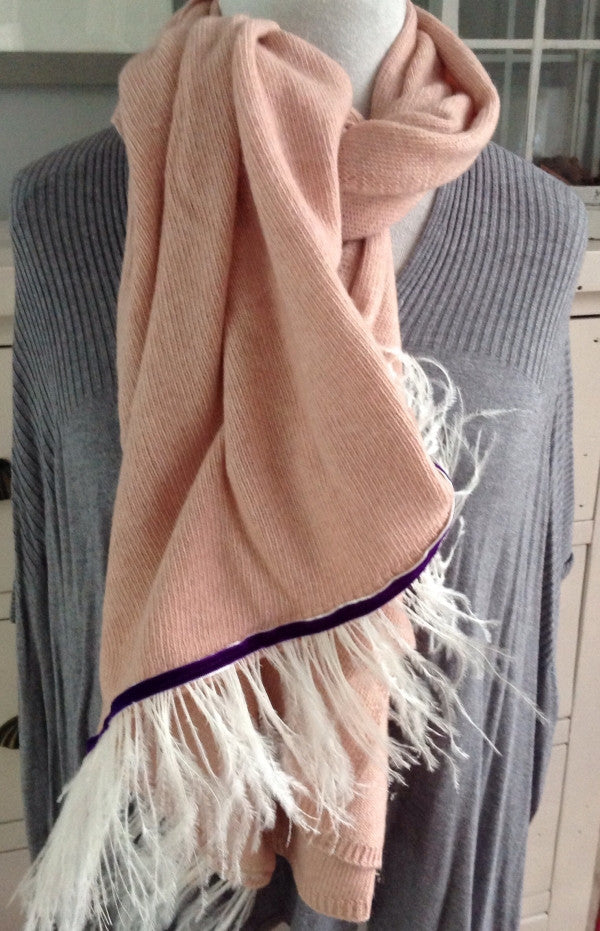 Naples Cashmere Scarf with Ostrich Trim in Pink - Feathers Of Italy 