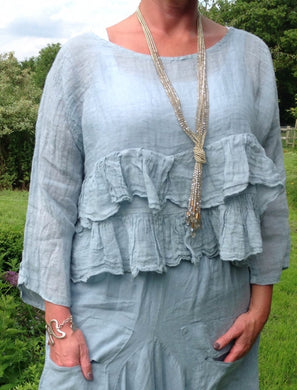 Raffadali Linen Top in Powder Blue Made In Italy By Feathers Of Italy One Size - Feathers Of Italy 