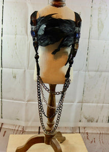 Black Feather Jewelled Chain and Satin Tied Detailed Long Statement Piece Necklace - By Feathers Of Italy - Feathers Of Italy