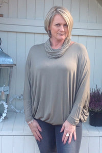 Slouch Long Sleeved T Shirt Top in Mocha With Cowl Neck Scarf Made In Italy By Feathers Of Italy - Feathers Of Italy 