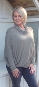 Slouch Long Sleeved T Shirt Top in Mocha With Cowl Neck Scarf Made In Italy By Feathers Of Italy - Feathers Of Italy 