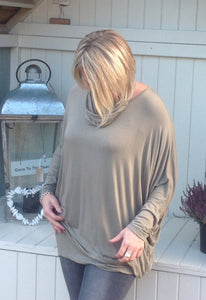 Slouch Long Sleeved T Shirt Top in Mocha With Cowl Neck Scarf Made In Italy By Feathers Of Italy - Feathers Of Italy 