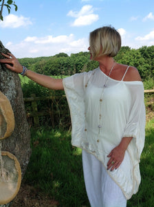 Vintage Silk Top in Vanilla With Embroidered Edge Detail With Under Top Cami - Feathers Of Italy 